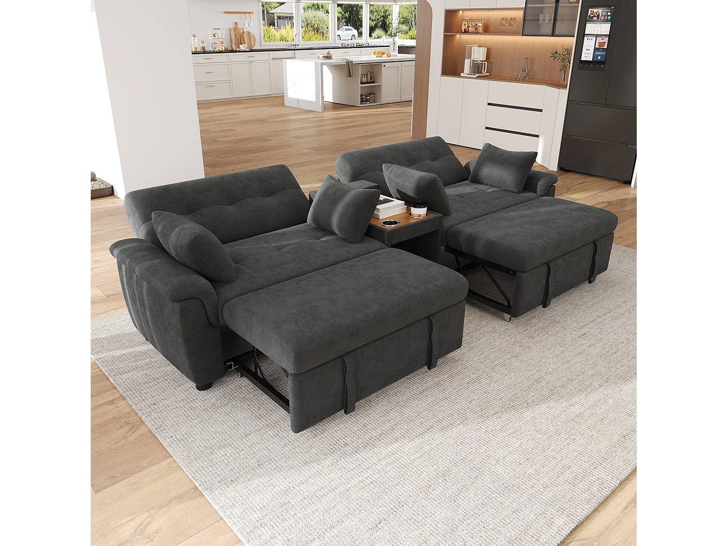 Canapé convertible avec couchage double, dossier réglable et console centrale - Chenille - 284 x 138 x 89 cm - Gris foncé
