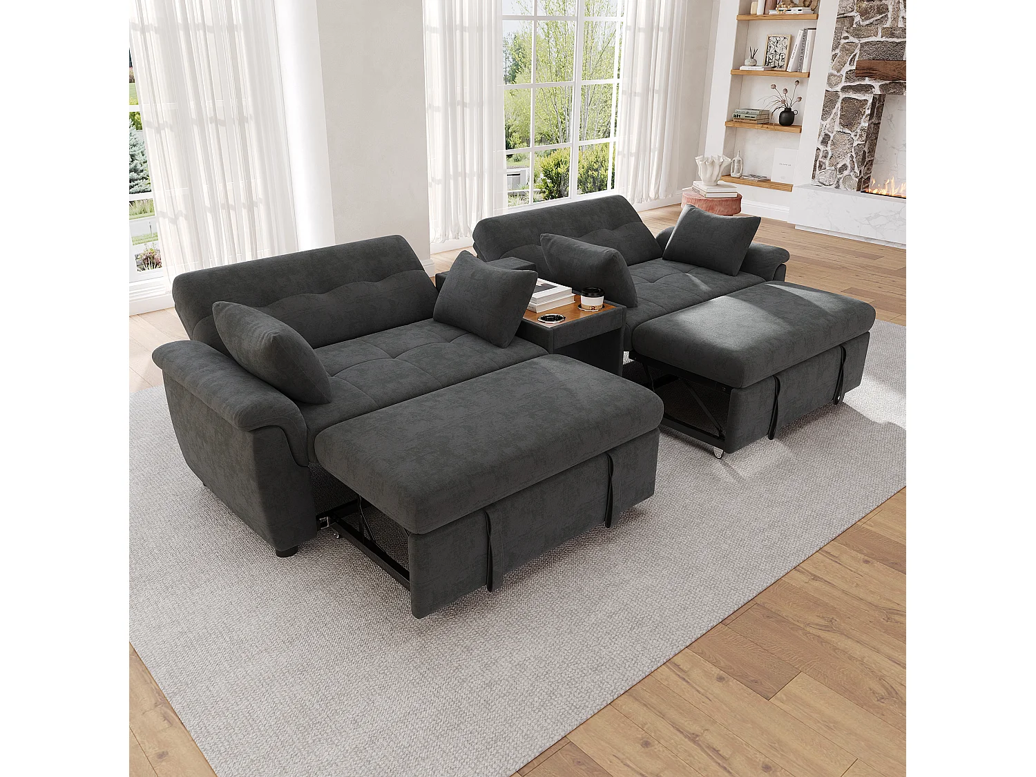 Canapé convertible avec couchage double, dossier réglable et console centrale - Chenille - 284 x 138 x 89 cm - Gris foncé