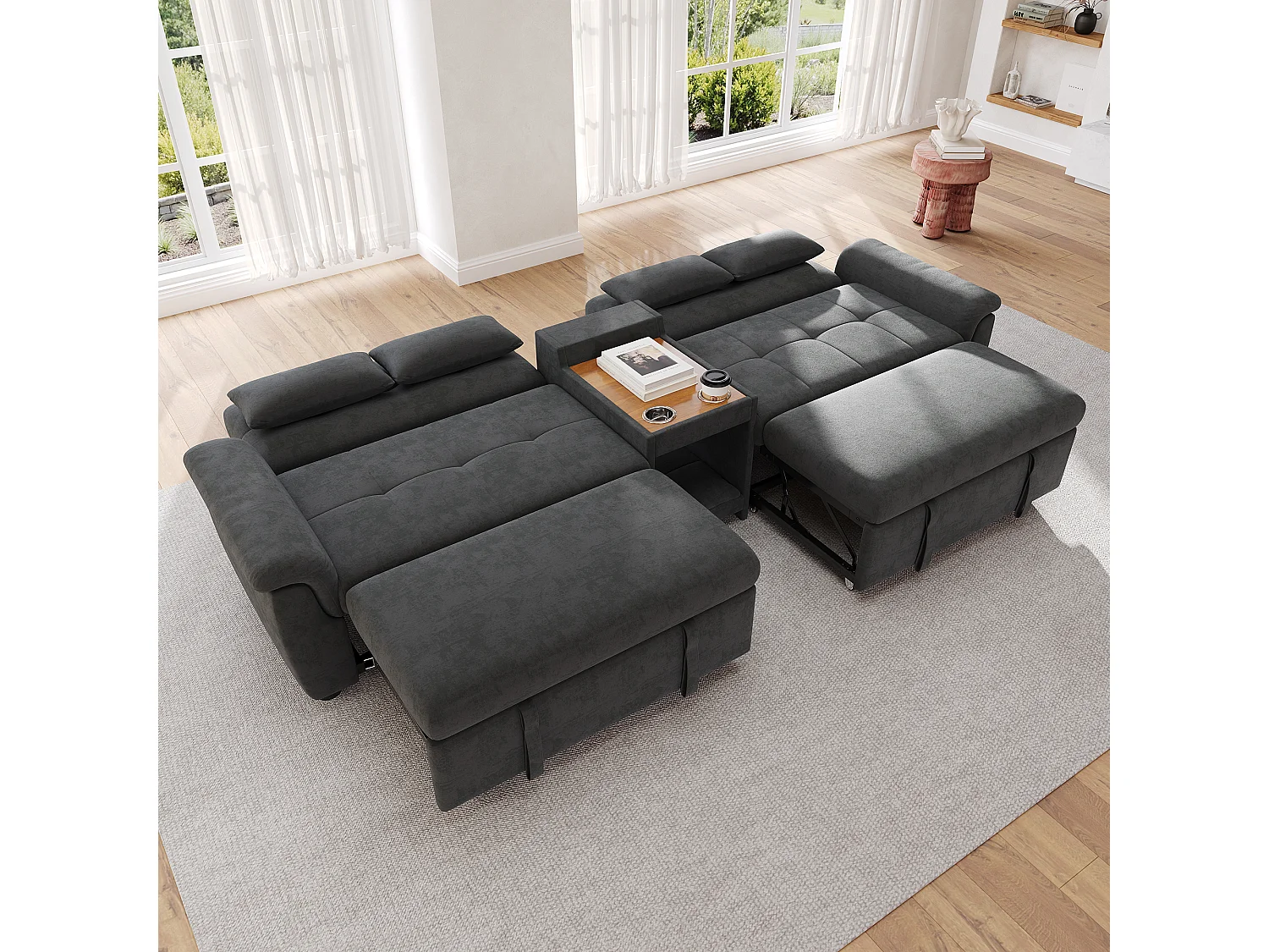 Canapé convertible avec couchage double, dossier réglable et console centrale - Chenille - 284 x 138 x 89 cm - Gris foncé