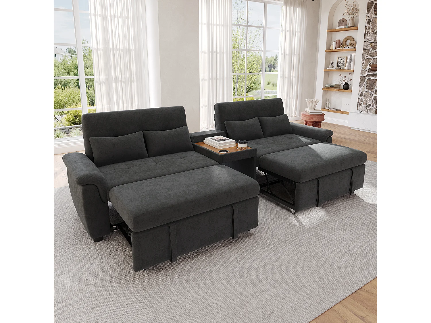 Canapé convertible avec couchage double, dossier réglable et console centrale - Chenille - 284 x 138 x 89 cm - Gris foncé