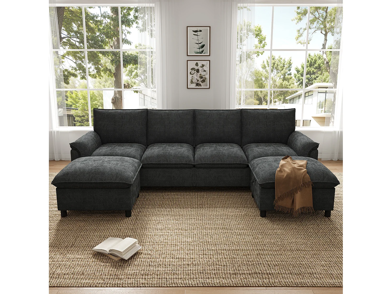 Canapé d’angle avec 2 poufs de rangement modulables – Chenille – 264,5 x 142,5 x 84 cm – Beige
