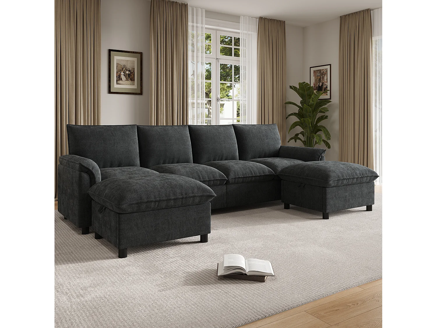 Canapé d’angle avec 2 poufs de rangement modulables – Chenille – 264,5 x 142,5 x 84 cm – Beige