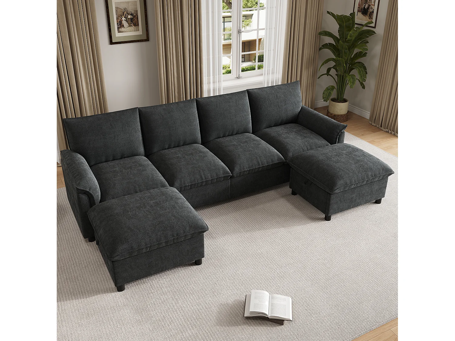 Canapé d’angle avec 2 poufs de rangement modulables – Chenille – 264,5 x 142,5 x 84 cm – Beige