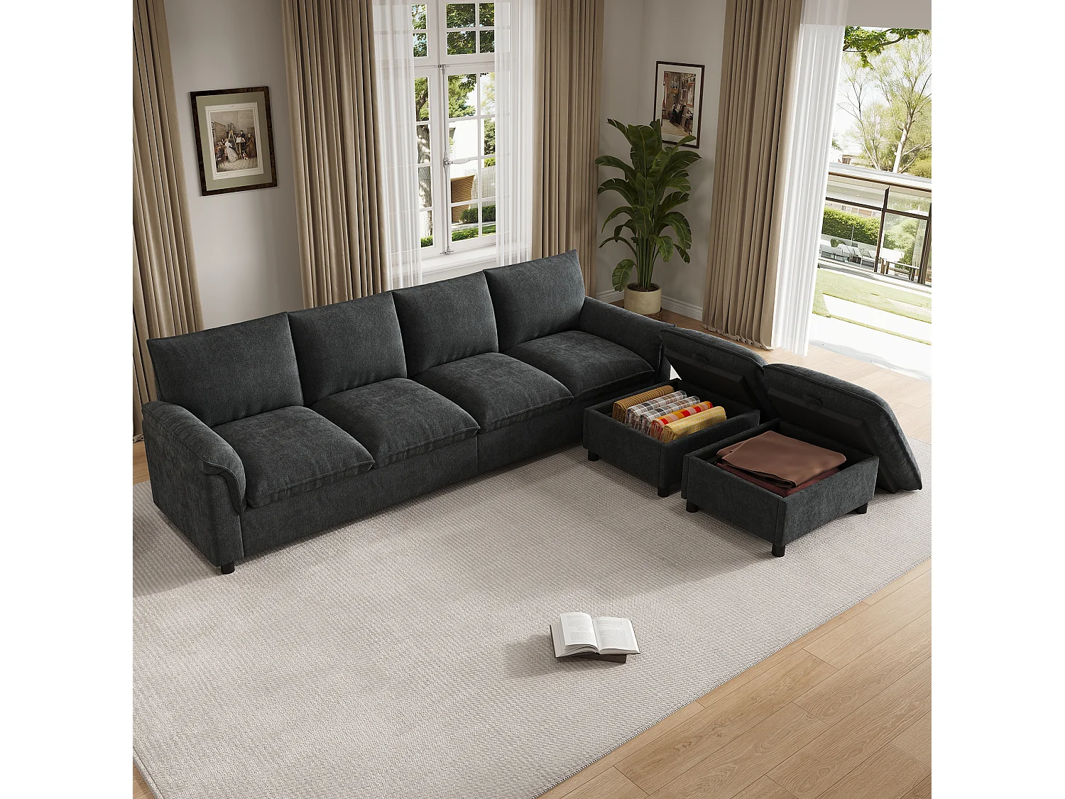 Canapé d’angle avec 2 poufs de rangement modulables – Chenille – 264,5 x 142,5 x 84 cm – Beige