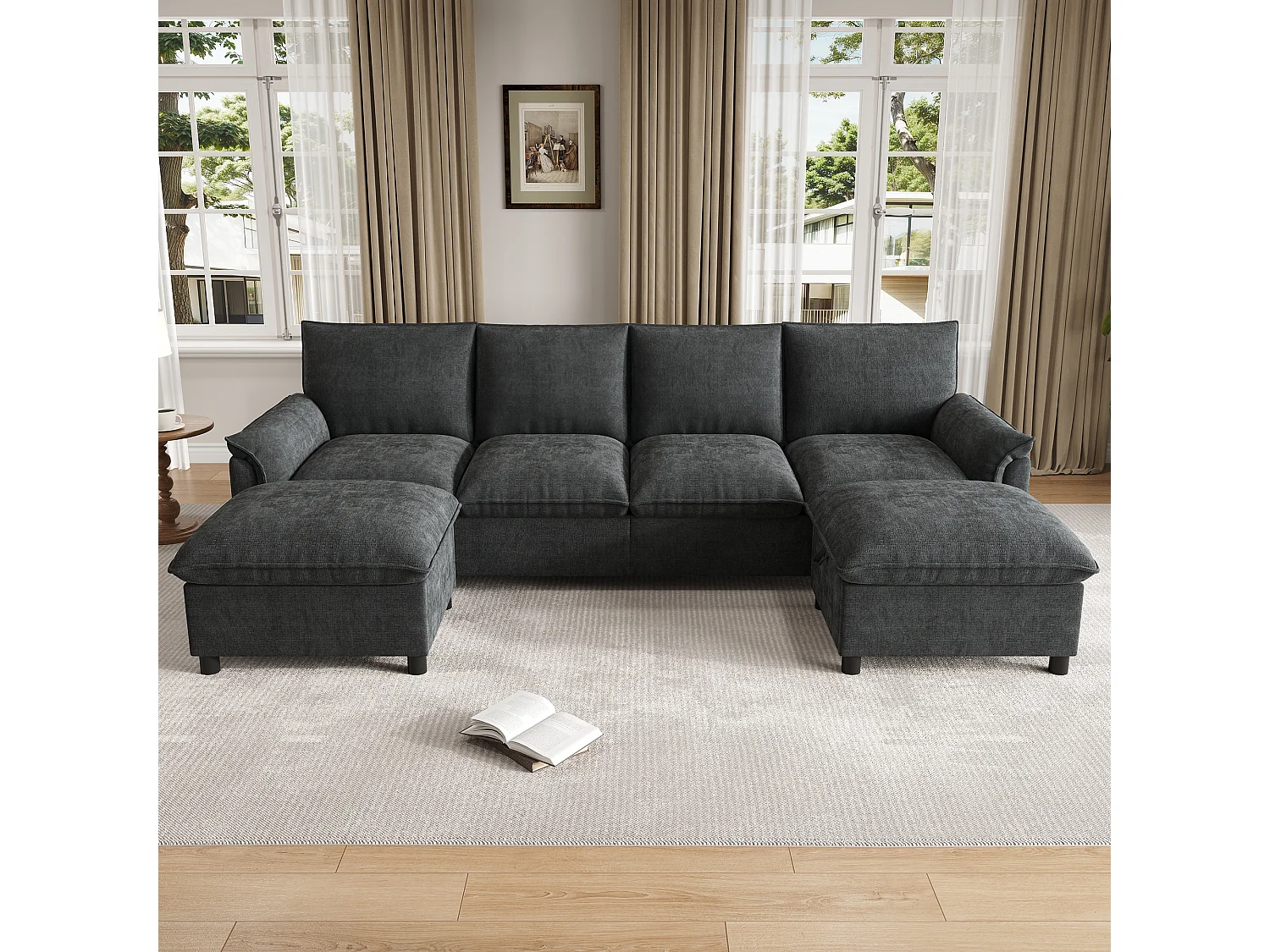 Canapé d’angle avec 2 poufs de rangement modulables – Chenille – 264,5 x 142,5 x 84 cm – Beige