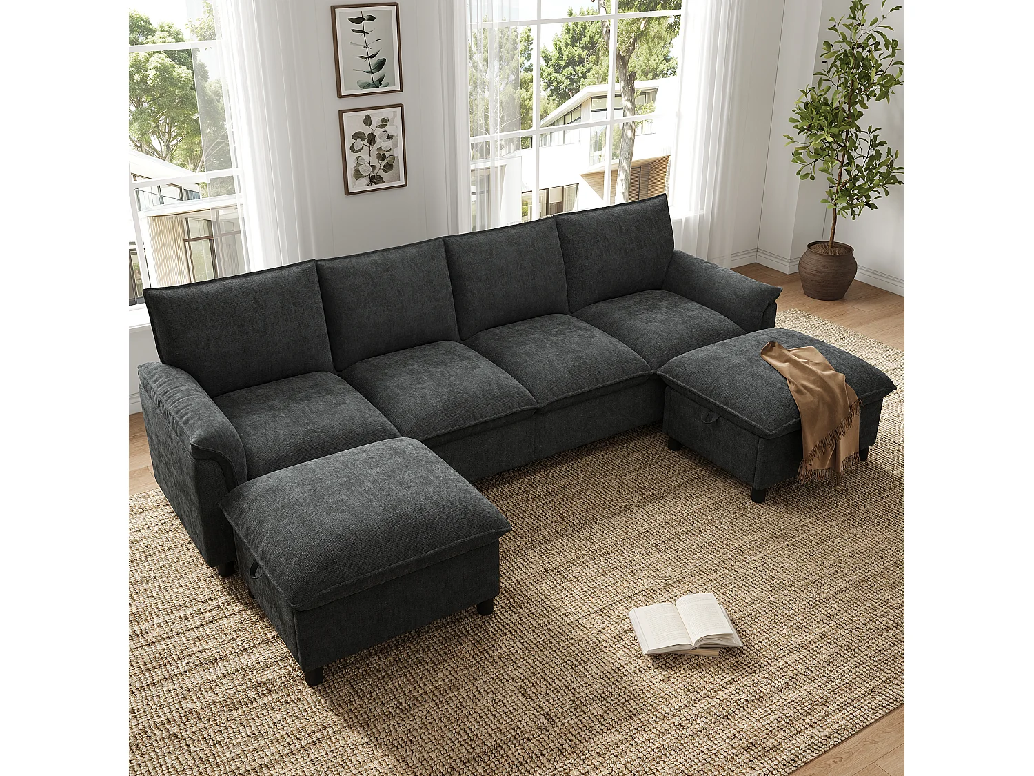 Canapé d’angle avec 2 poufs de rangement modulables – Chenille – 264,5 x 142,5 x 84 cm – Beige