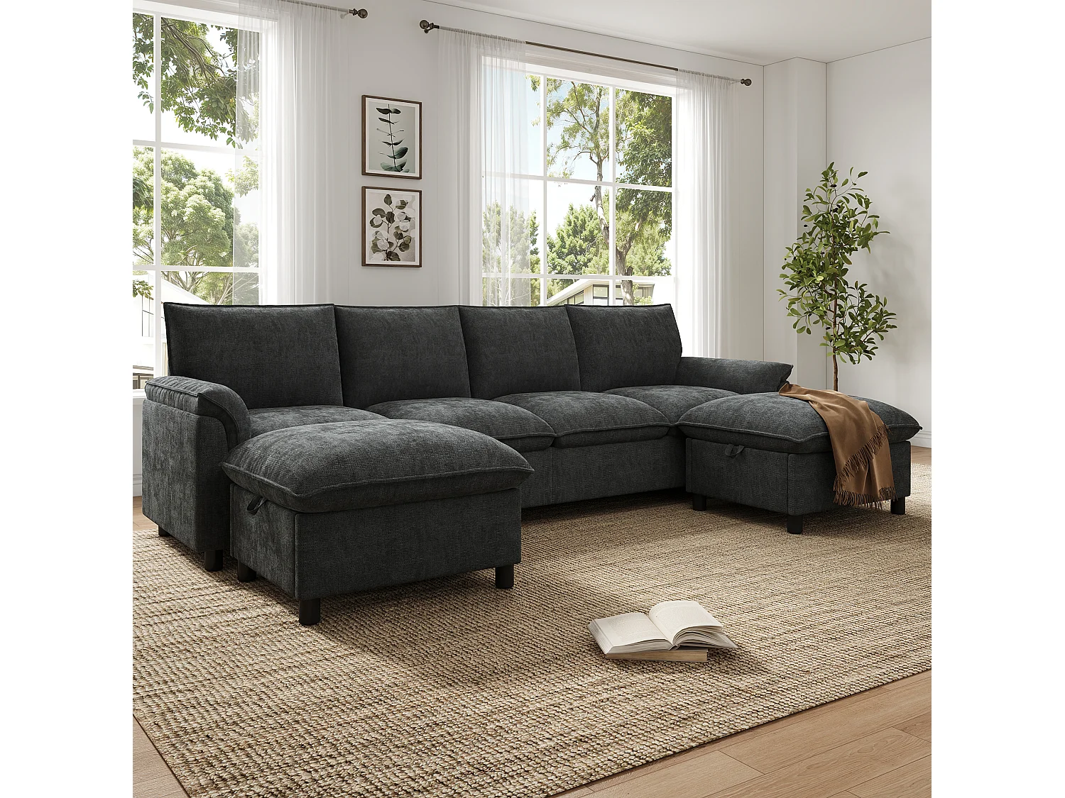 Canapé d’angle avec 2 poufs de rangement modulables – Chenille – 264,5 x 142,5 x 84 cm – Beige