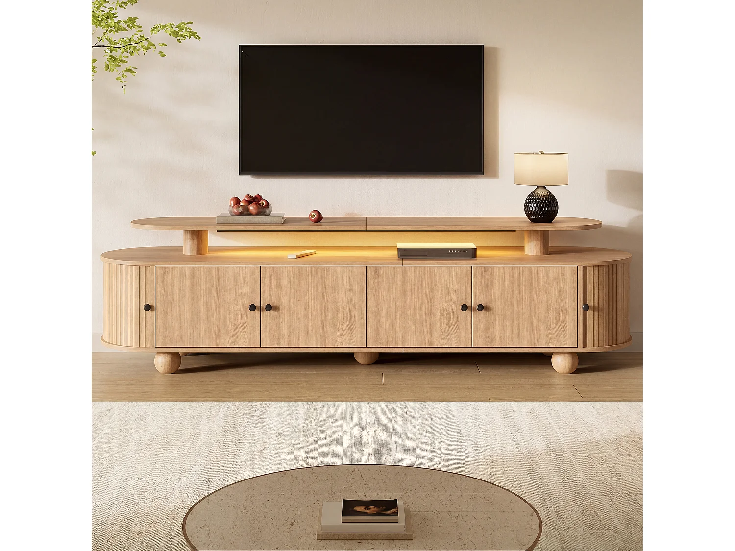 Mobile TV basso da 180 cm con 6 ante e illuminazione ambientale a LED - MDF - 180 x 40 x 48 cm - Naturale