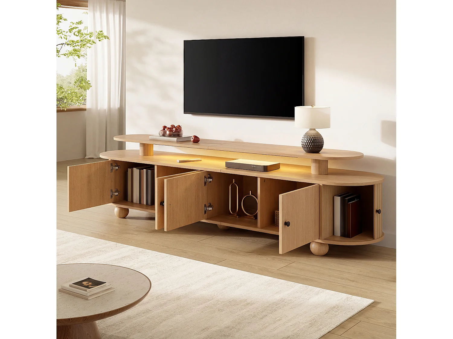 Mobile TV basso da 180 cm con 6 ante e illuminazione ambientale a LED - MDF - 180 x 40 x 48 cm - Naturale