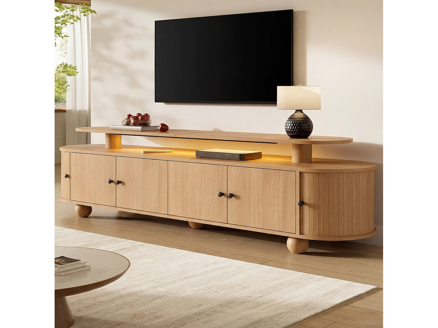 Mobile TV basso da 180 cm con 6 ante e illuminazione ambientale a LED - MDF - 180 x 40 x 48 cm - Naturale