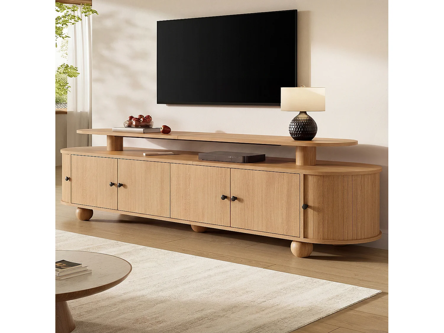 Mobile TV basso da 180 cm con 6 ante e illuminazione ambientale a LED - MDF - 180 x 40 x 48 cm - Naturale