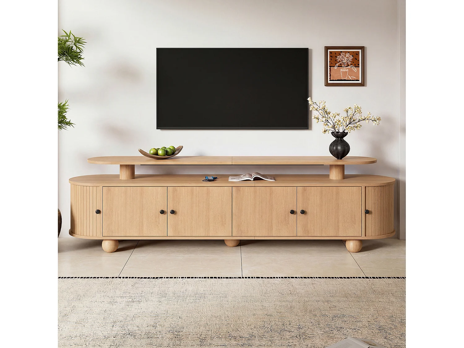 Mobile TV basso da 180 cm con 6 ante e illuminazione ambientale a LED - MDF - 180 x 40 x 48 cm - Naturale