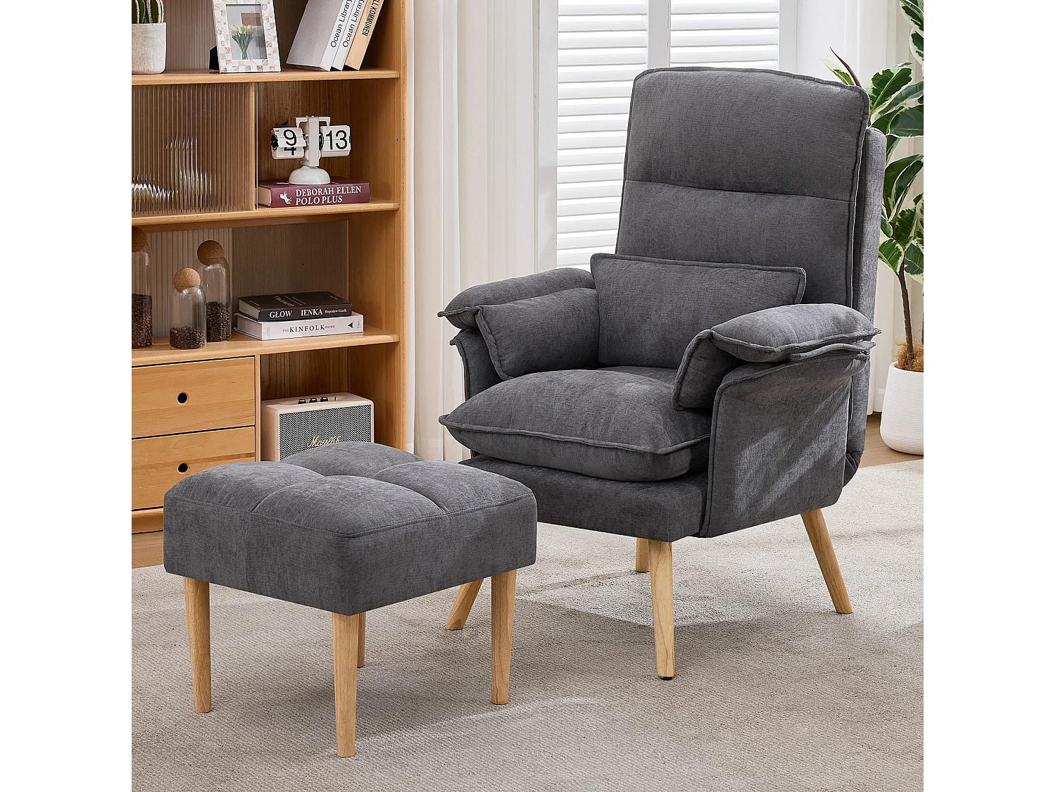 Fauteuil inclinable avec repose-pieds, dossier réglable 5 positions et coussin amovible – Lin et bois massif – 85 x 78,5 x 112 cm - Gris
