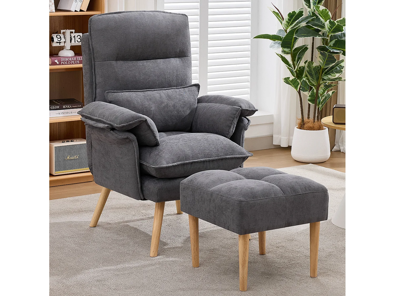 Fauteuil inclinable avec repose-pieds, dossier réglable 5 positions et coussin amovible – Lin et bois massif – 85 x 78,5 x 112 cm - Gris