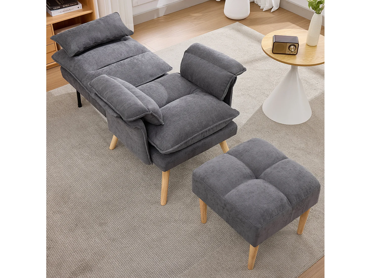 Fauteuil inclinable avec repose-pieds, dossier réglable 5 positions et coussin amovible – Lin et bois massif – 85 x 78,5 x 112 cm - Gris