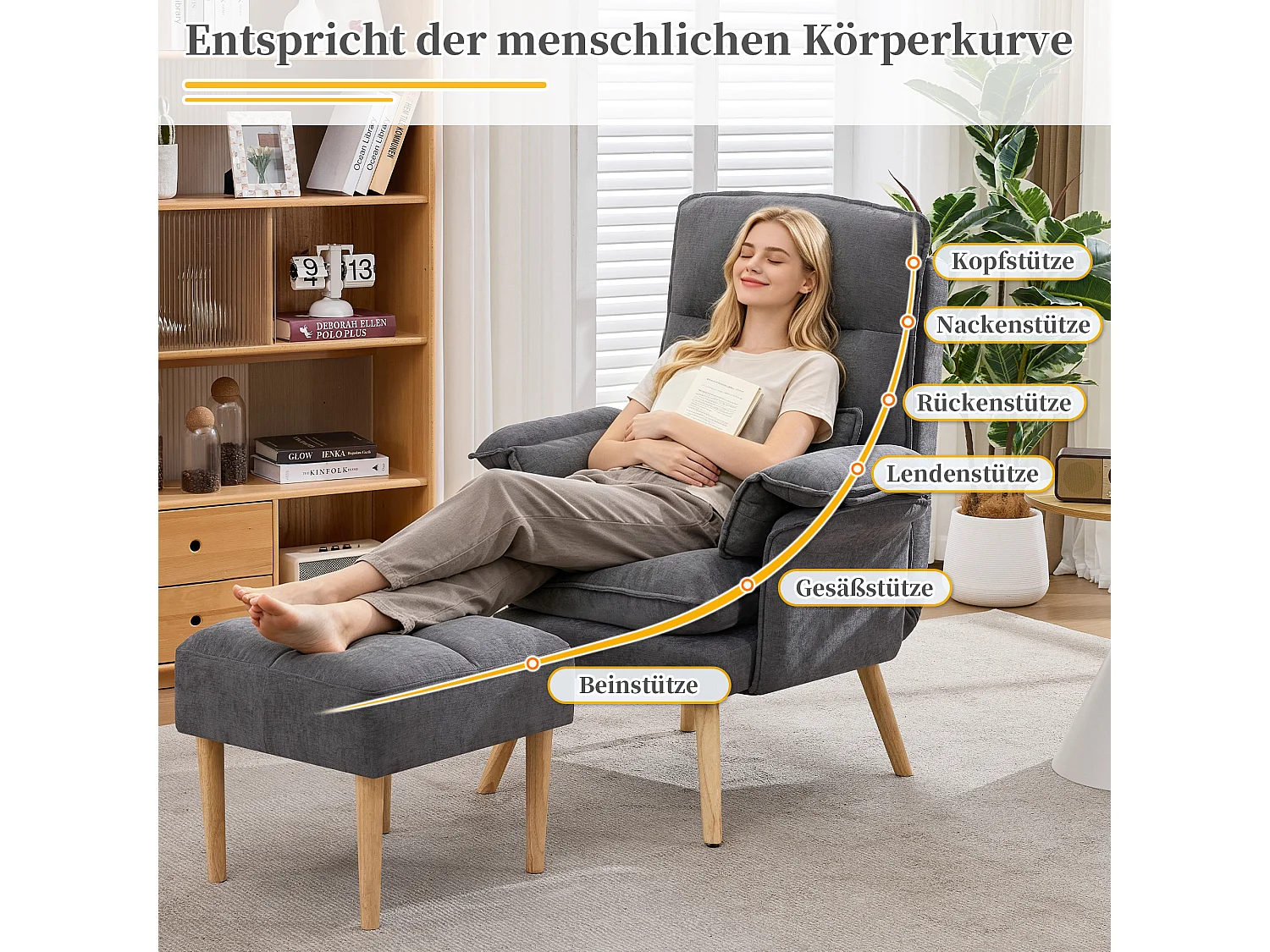 Fauteuil inclinable avec repose-pieds, dossier réglable 5 positions et coussin amovible – Lin et bois massif – 85 x 78,5 x 112 cm - Gris
