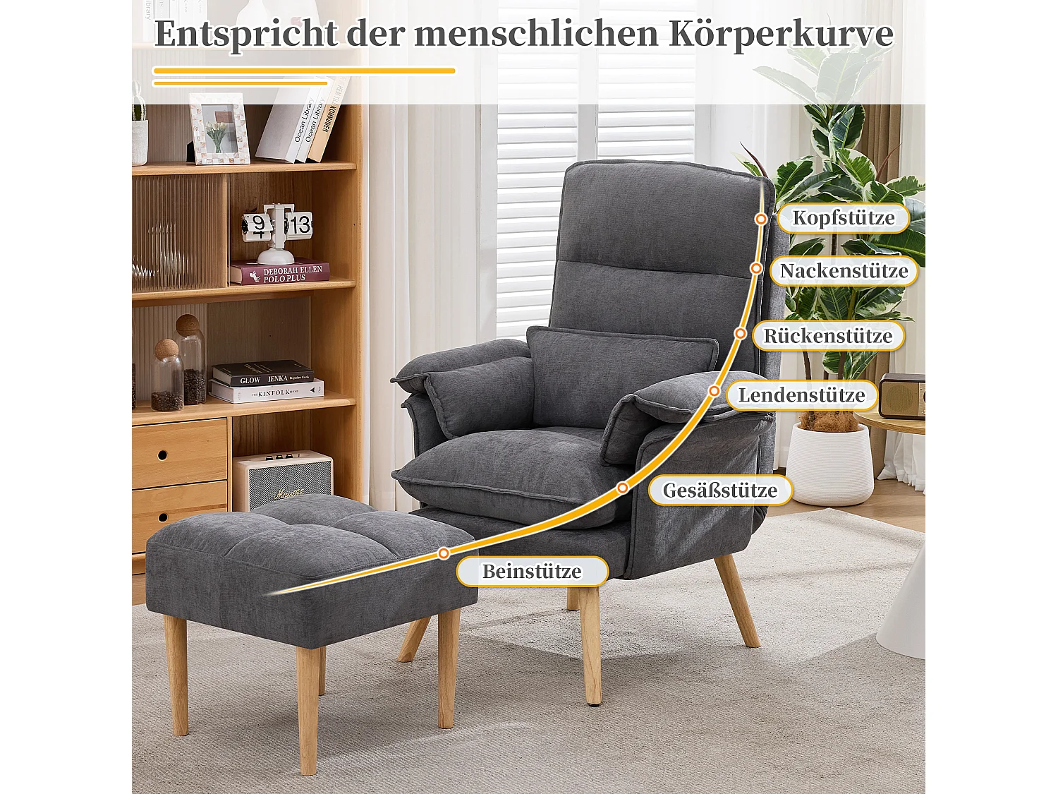 Fauteuil inclinable avec repose-pieds, dossier réglable 5 positions et coussin amovible – Lin et bois massif – 85 x 78,5 x 112 cm - Gris