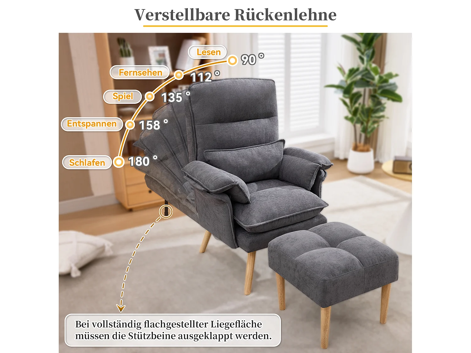 Fauteuil inclinable avec repose-pieds, dossier réglable 5 positions et coussin amovible – Lin et bois massif – 85 x 78,5 x 112 cm - Gris