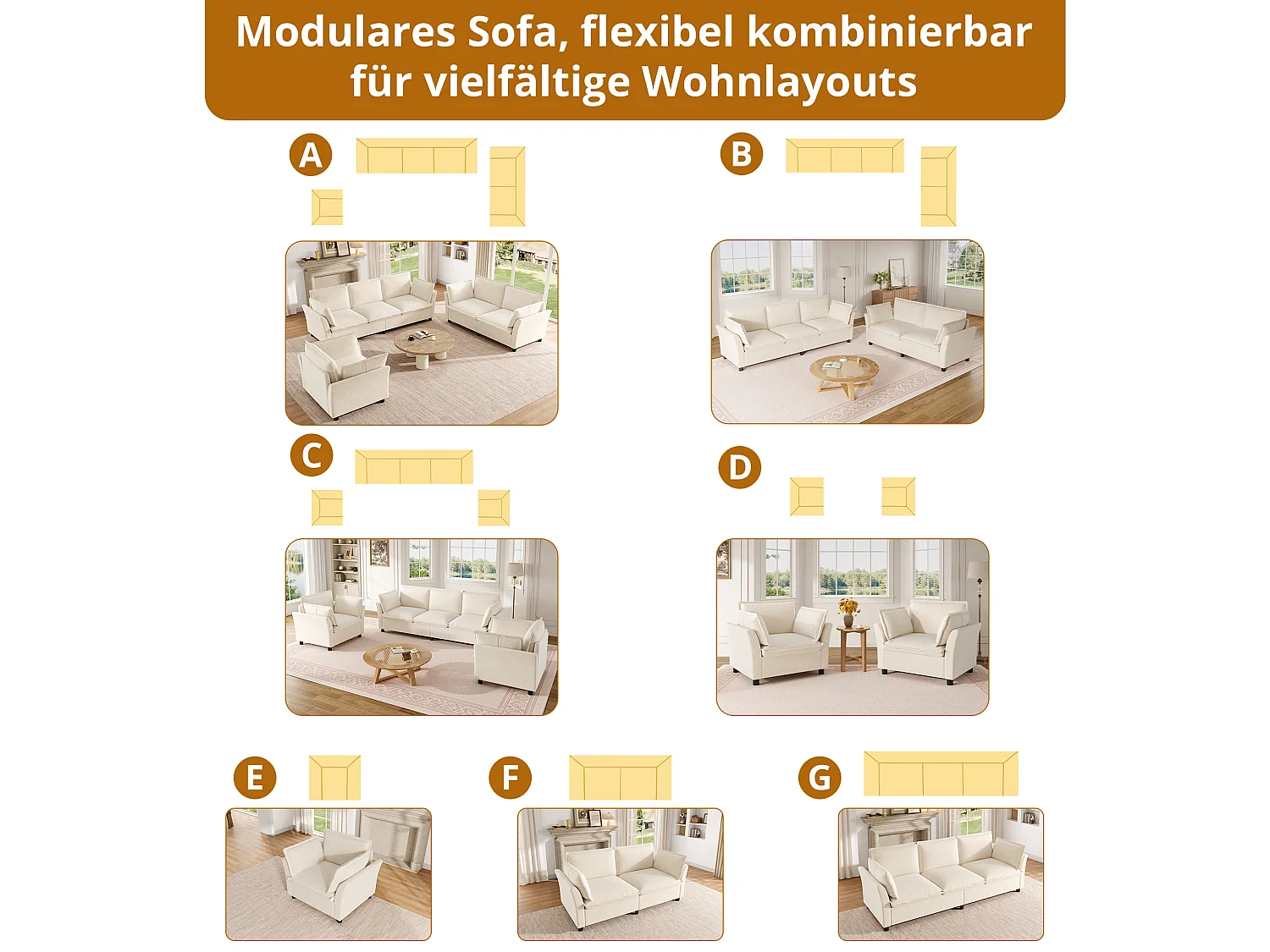 Modulares 3-Sitzer-Sofa + 2 Sessel mit Kissen – Chenille – 220 x 87 x 81 cm – Beige