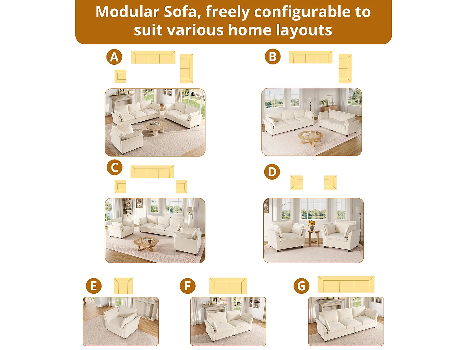 Modulares 3-Sitzer-Sofa + 2 Sessel mit Kissen – Chenille – 220 x 87 x 81 cm – Beige
