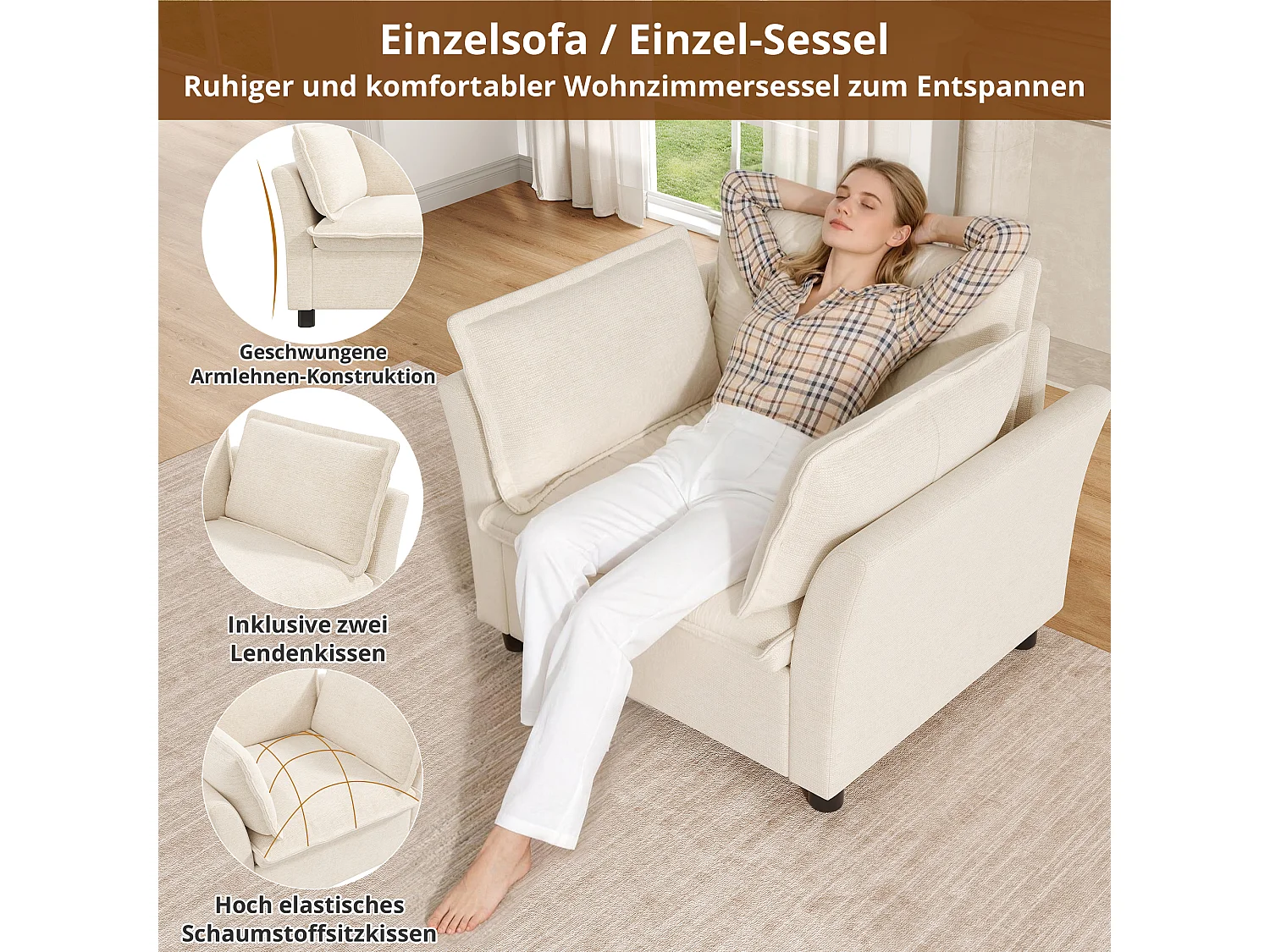 Modulares 3-Sitzer-Sofa + 2 Sessel mit Kissen – Chenille – 220 x 87 x 81 cm – Beige