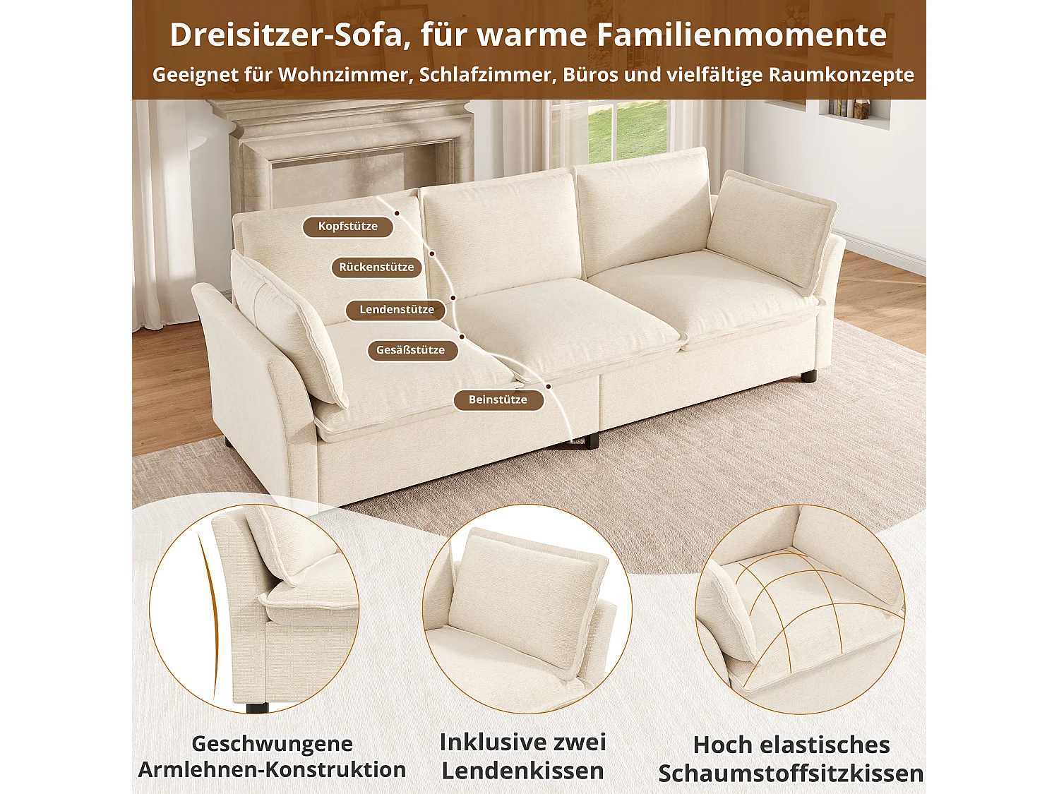 Modulares 3-Sitzer-Sofa + 2 Sessel mit Kissen – Chenille – 220 x 87 x 81 cm – Beige