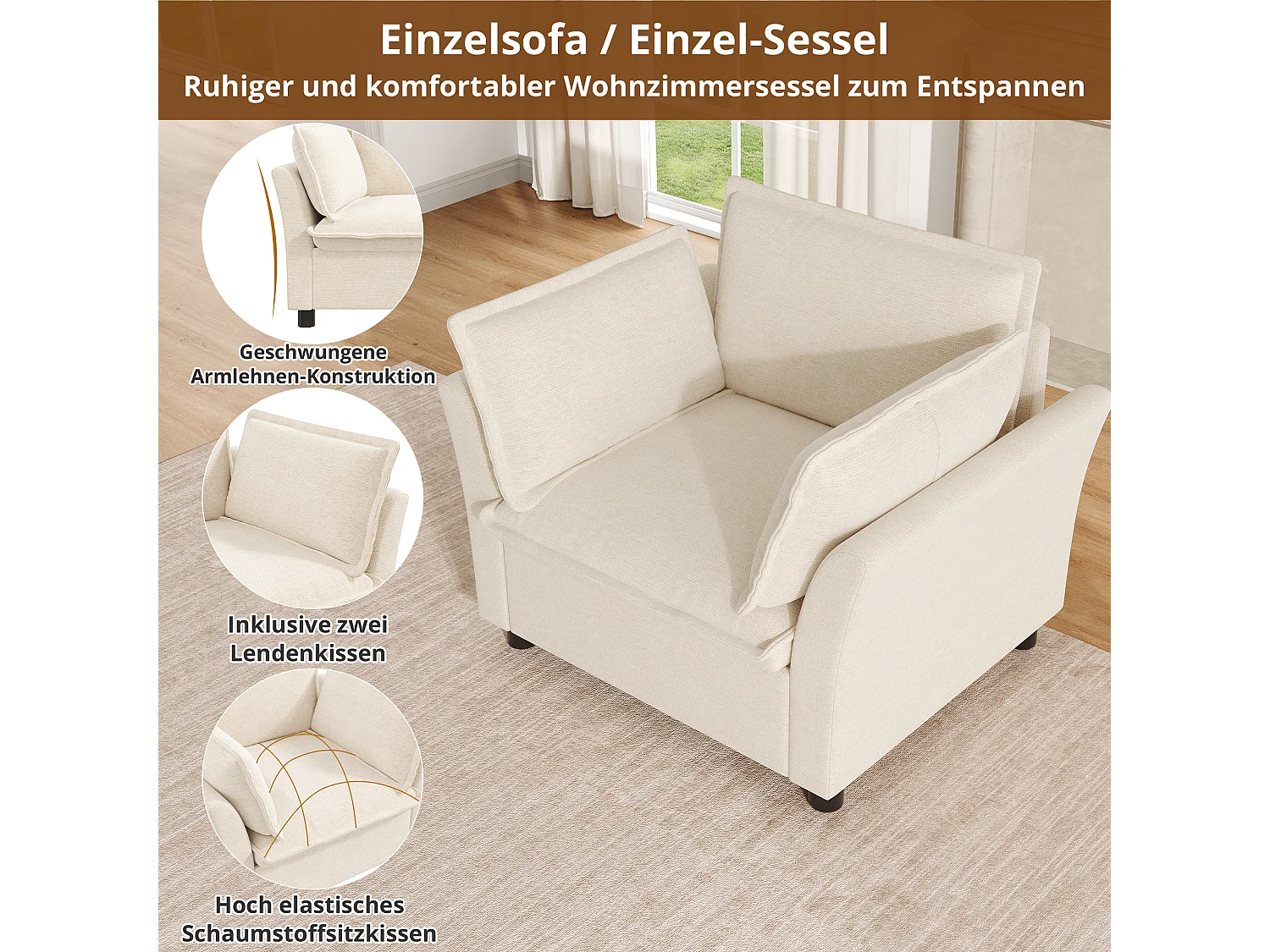 Modulares 3-Sitzer-Sofa + 2 Sessel mit Kissen – Chenille – 220 x 87 x 81 cm – Beige