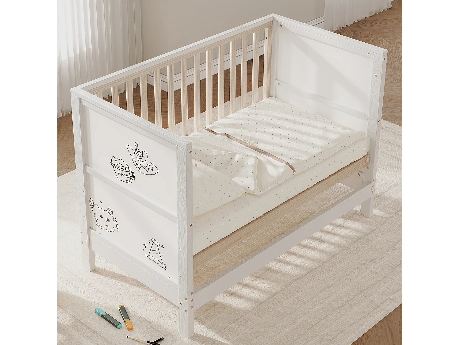 Lit bébé évolutif en pin massif avec panneau à peindre et hauteur réglable - Transformable en cododo et canapé - 120 x 60 x 90 cm - Naturel et blanc