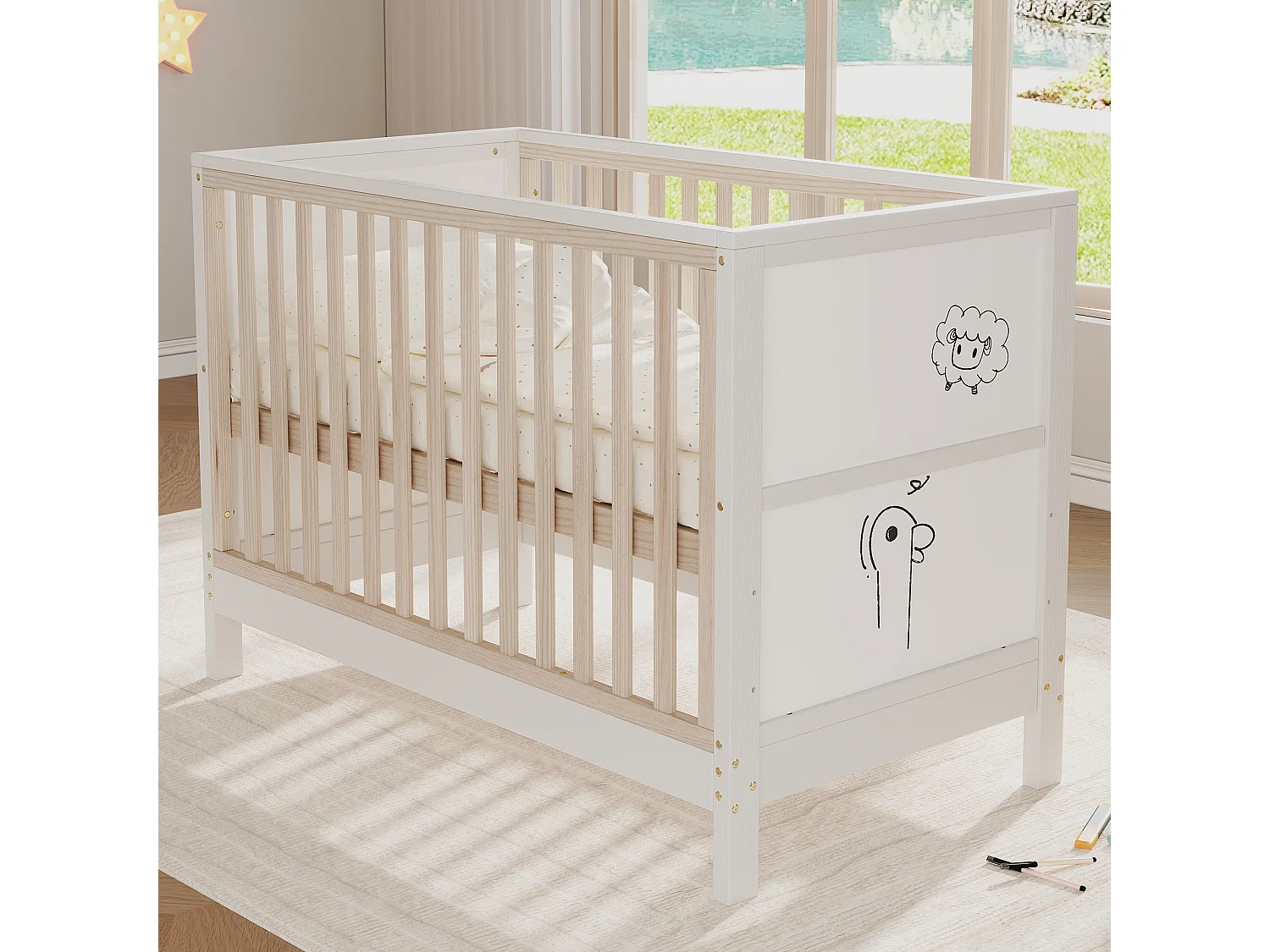 Lit bébé évolutif en pin massif avec panneau à peindre et hauteur réglable - Transformable en cododo et canapé - 120 x 60 x 90 cm - Naturel et blanc