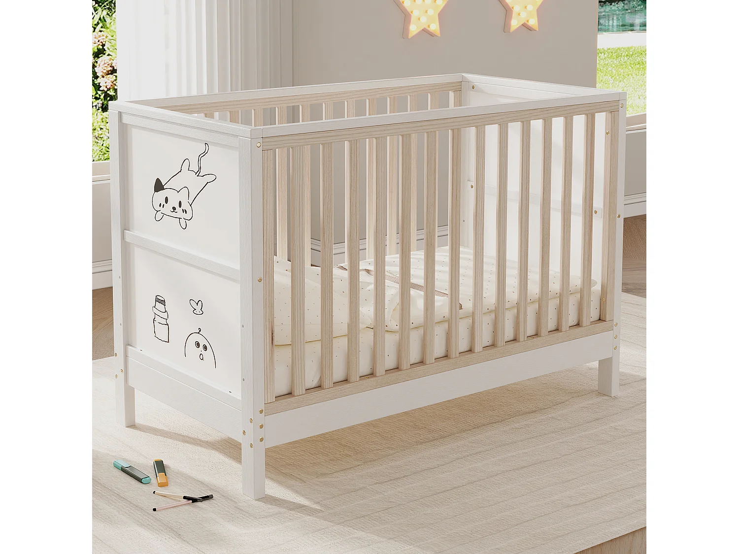 Lit bébé évolutif en pin massif avec panneau à peindre et hauteur réglable - Transformable en cododo et canapé - 120 x 60 x 90 cm - Naturel et blanc