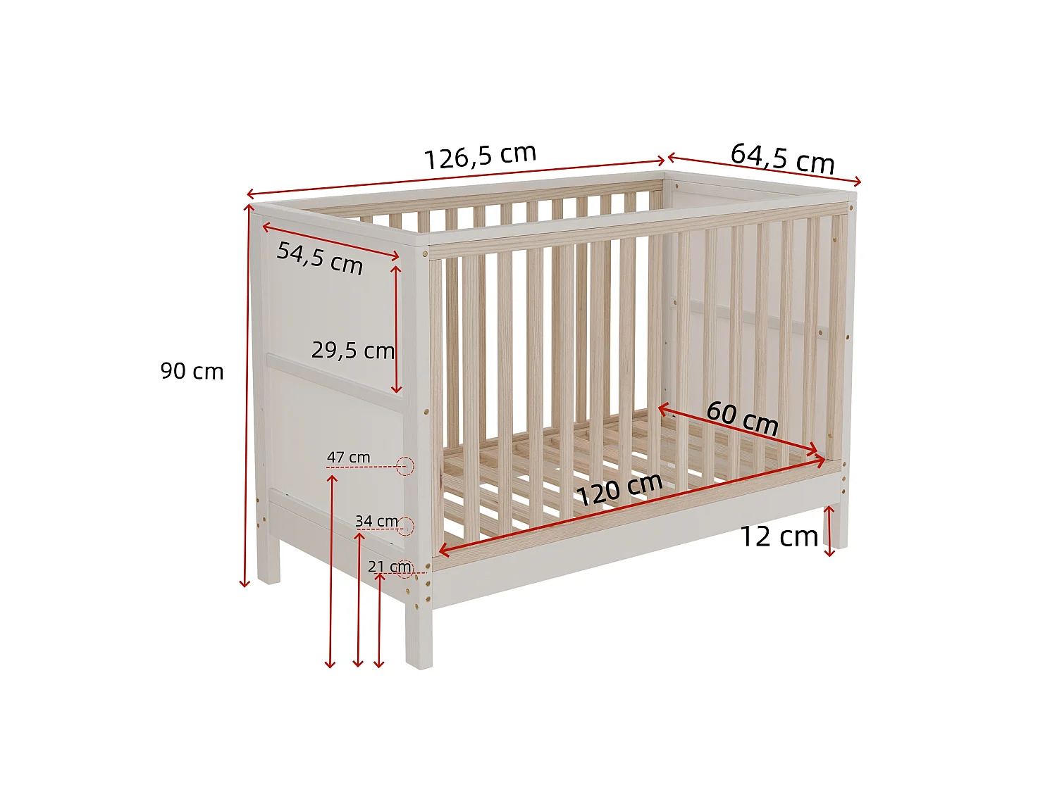Lit bébé évolutif en pin massif avec panneau à peindre et hauteur réglable - Transformable en cododo et canapé - 120 x 60 x 90 cm - Naturel et blanc