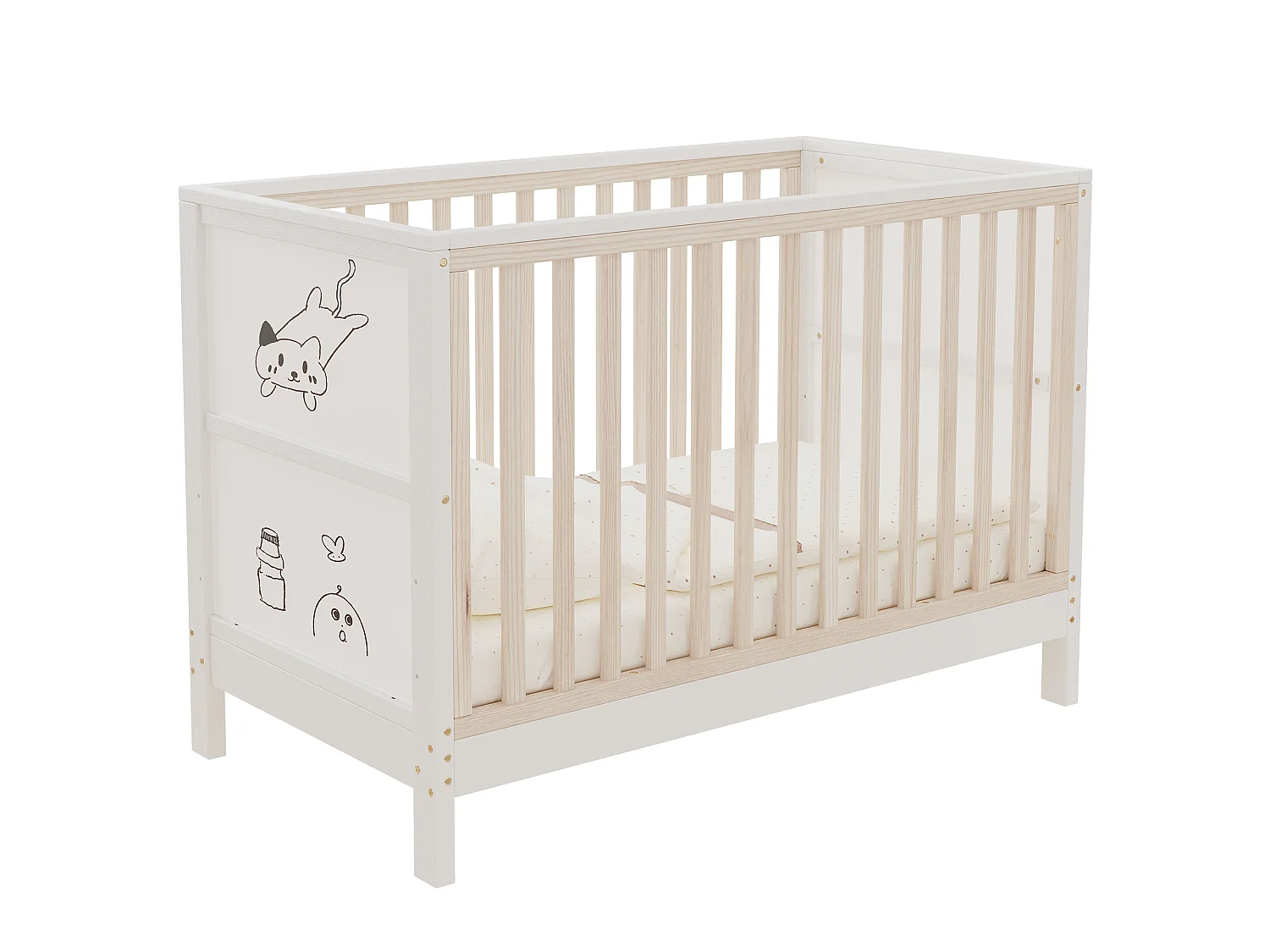Lit bébé évolutif en pin massif avec panneau à peindre et hauteur réglable - Transformable en cododo et canapé - 120 x 60 x 90 cm - Naturel et blanc