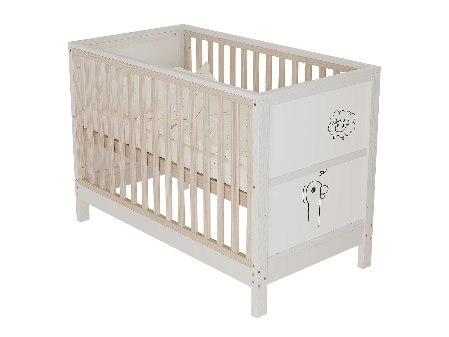 Lit bébé évolutif en pin massif avec panneau à peindre et hauteur réglable - Transformable en cododo et canapé - 120 x 60 x 90 cm - Naturel et blanc