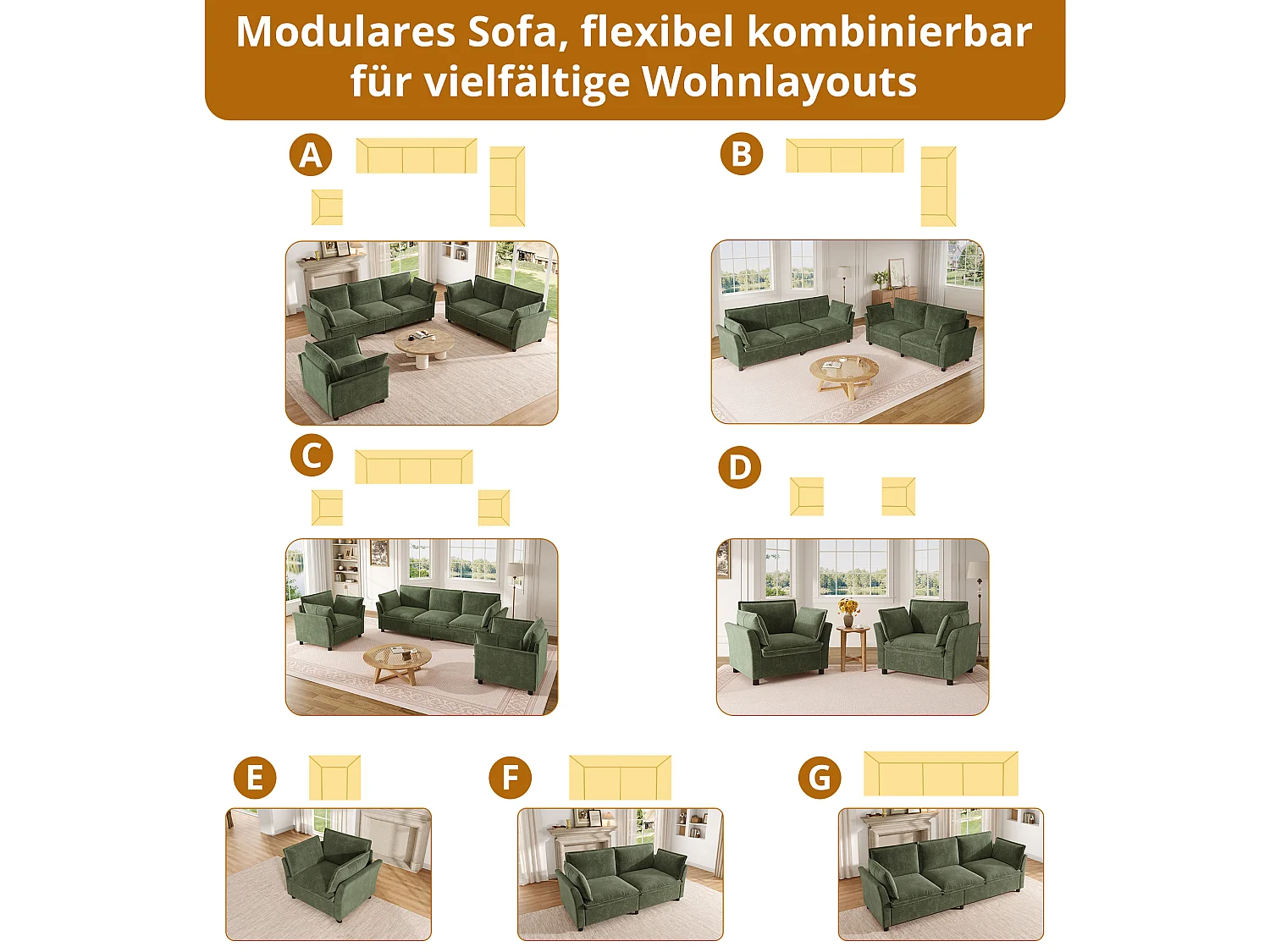 Modulares 3-Sitzer-Sofa-Set + 2 Sessel mit Kissen – Chenille – 220 x 87 x 81 cm – Grün