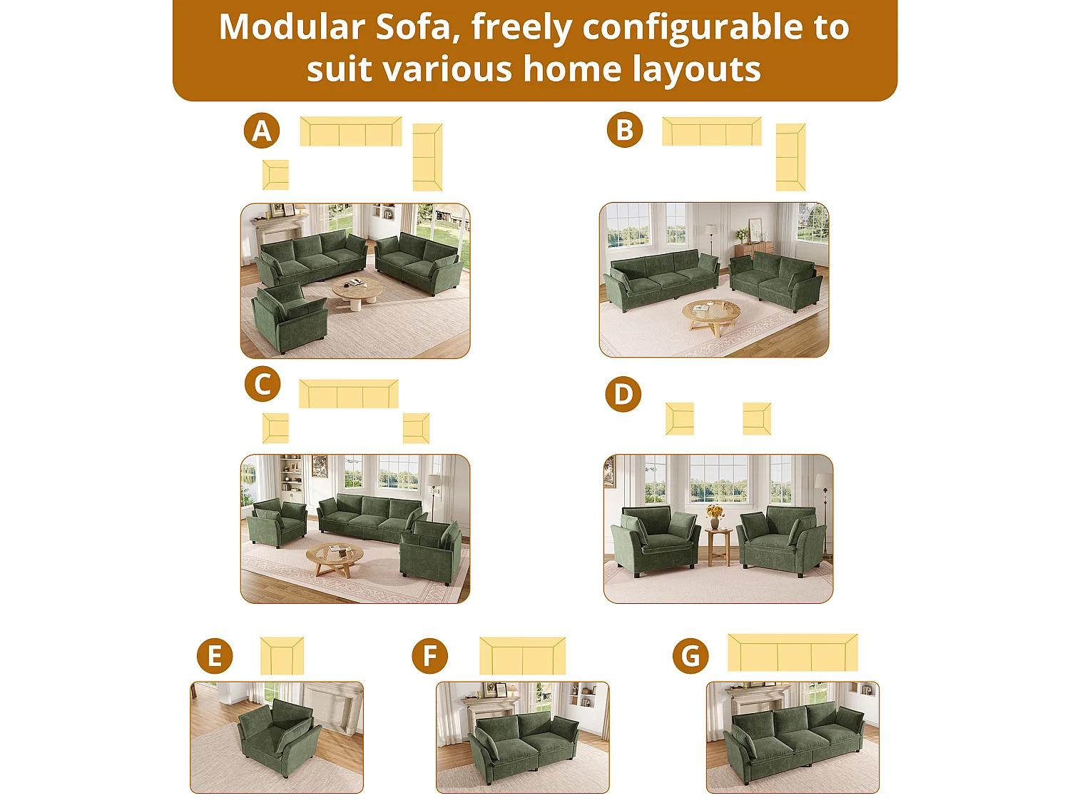 Modulares 3-Sitzer-Sofa-Set + 2 Sessel mit Kissen – Chenille – 220 x 87 x 81 cm – Grün