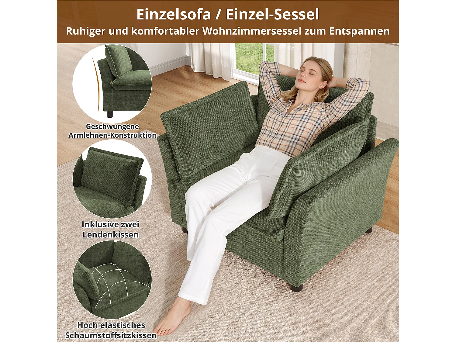 Modulares 3-Sitzer-Sofa-Set + 2 Sessel mit Kissen – Chenille – 220 x 87 x 81 cm – Grün