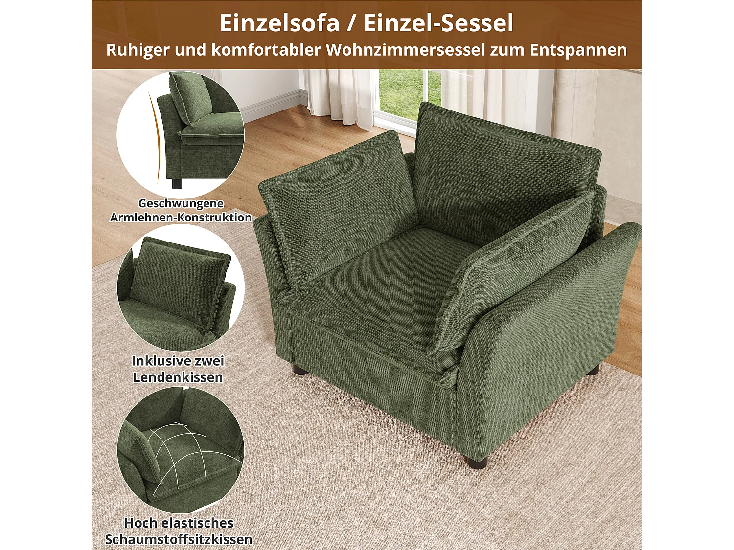 Modulares 3-Sitzer-Sofa-Set + 2 Sessel mit Kissen – Chenille – 220 x 87 x 81 cm – Grün