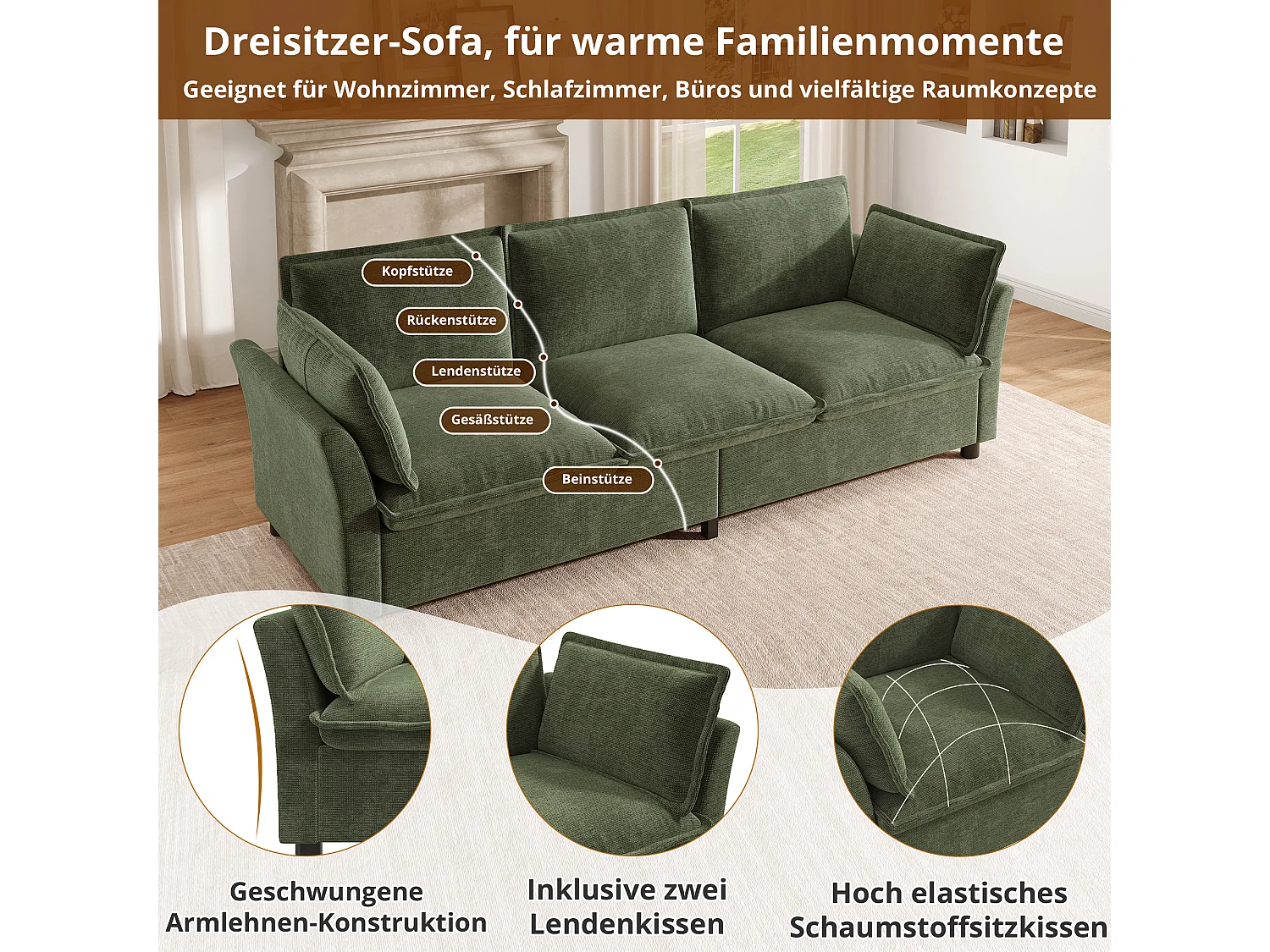 Modulares 3-Sitzer-Sofa-Set + 2 Sessel mit Kissen – Chenille – 220 x 87 x 81 cm – Grün
