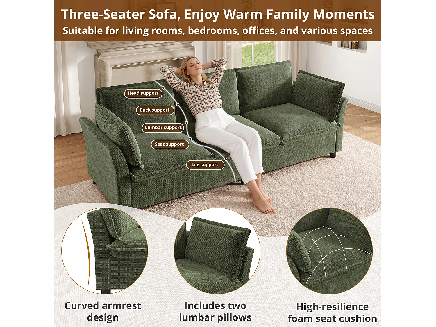 Modulares 3-Sitzer-Sofa-Set + 2 Sessel mit Kissen – Chenille – 220 x 87 x 81 cm – Grün
