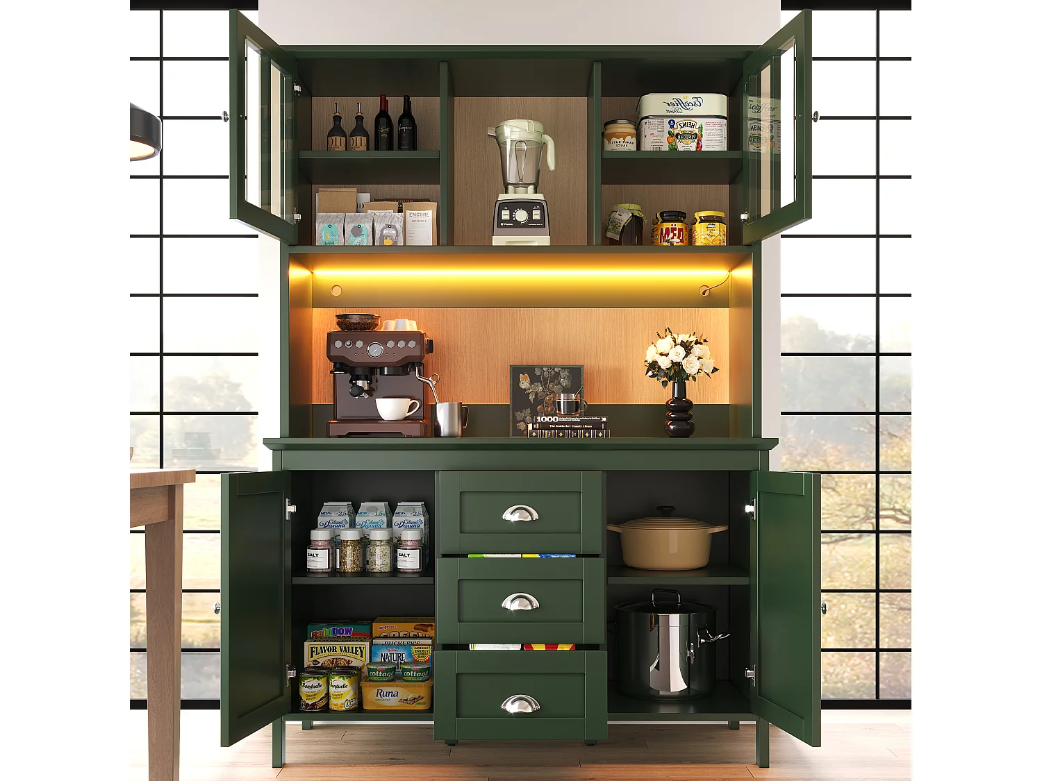 Kitchen sideboard with 2 glass doors, 2 wooden doors and 3 drawers - LEDs - 120 x 40 x 179 cm - MDF, particleboard - Retro green