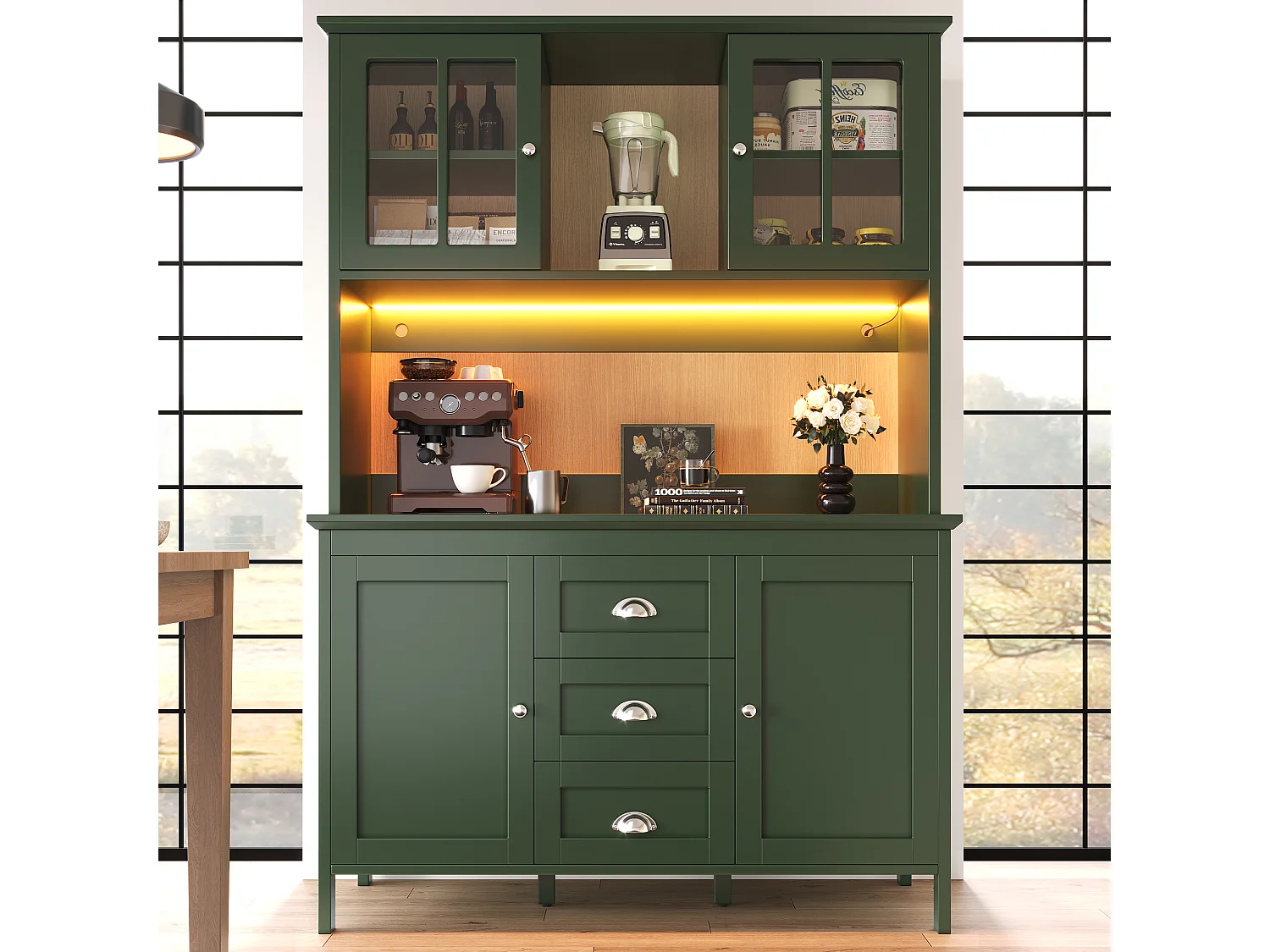 Kitchen sideboard with 2 glass doors, 2 wooden doors and 3 drawers - LEDs - 120 x 40 x 179 cm - MDF, particleboard - Retro green