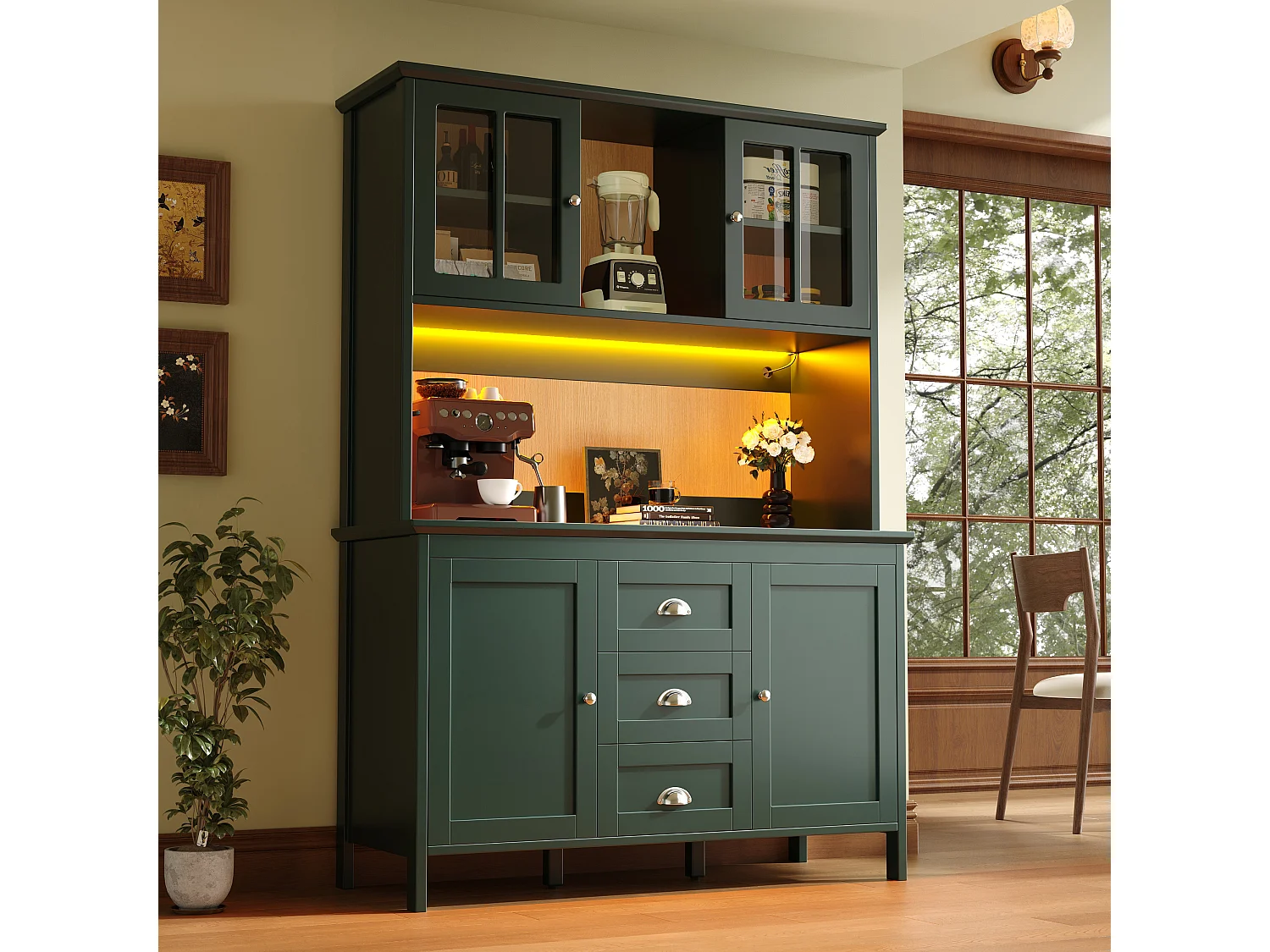 Kitchen sideboard with 2 glass doors, 2 wooden doors and 3 drawers - LEDs - 120 x 40 x 179 cm - MDF, particleboard - Retro green