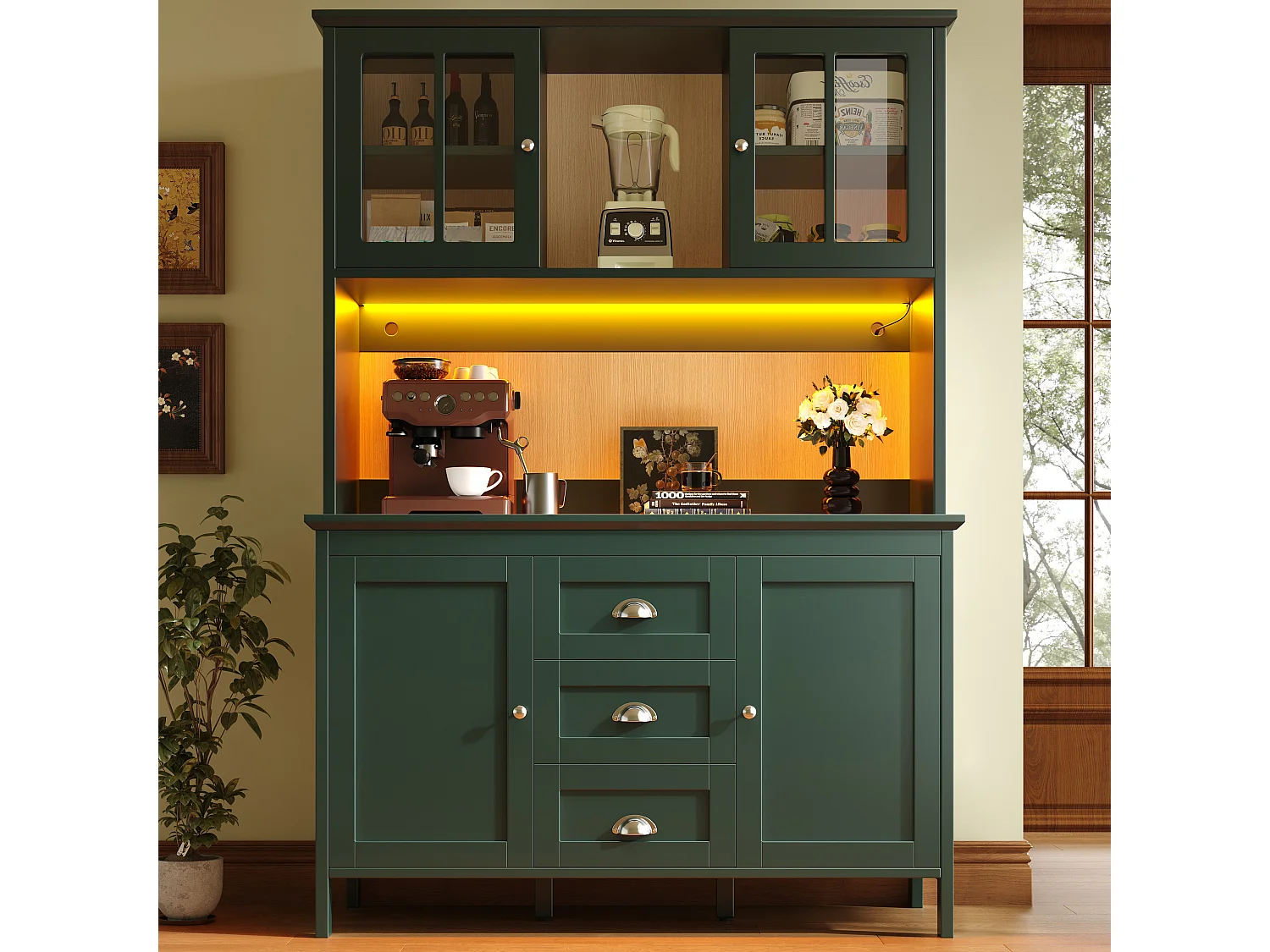Kitchen sideboard with 2 glass doors, 2 wooden doors and 3 drawers - LEDs - 120 x 40 x 179 cm - MDF, particleboard - Retro green