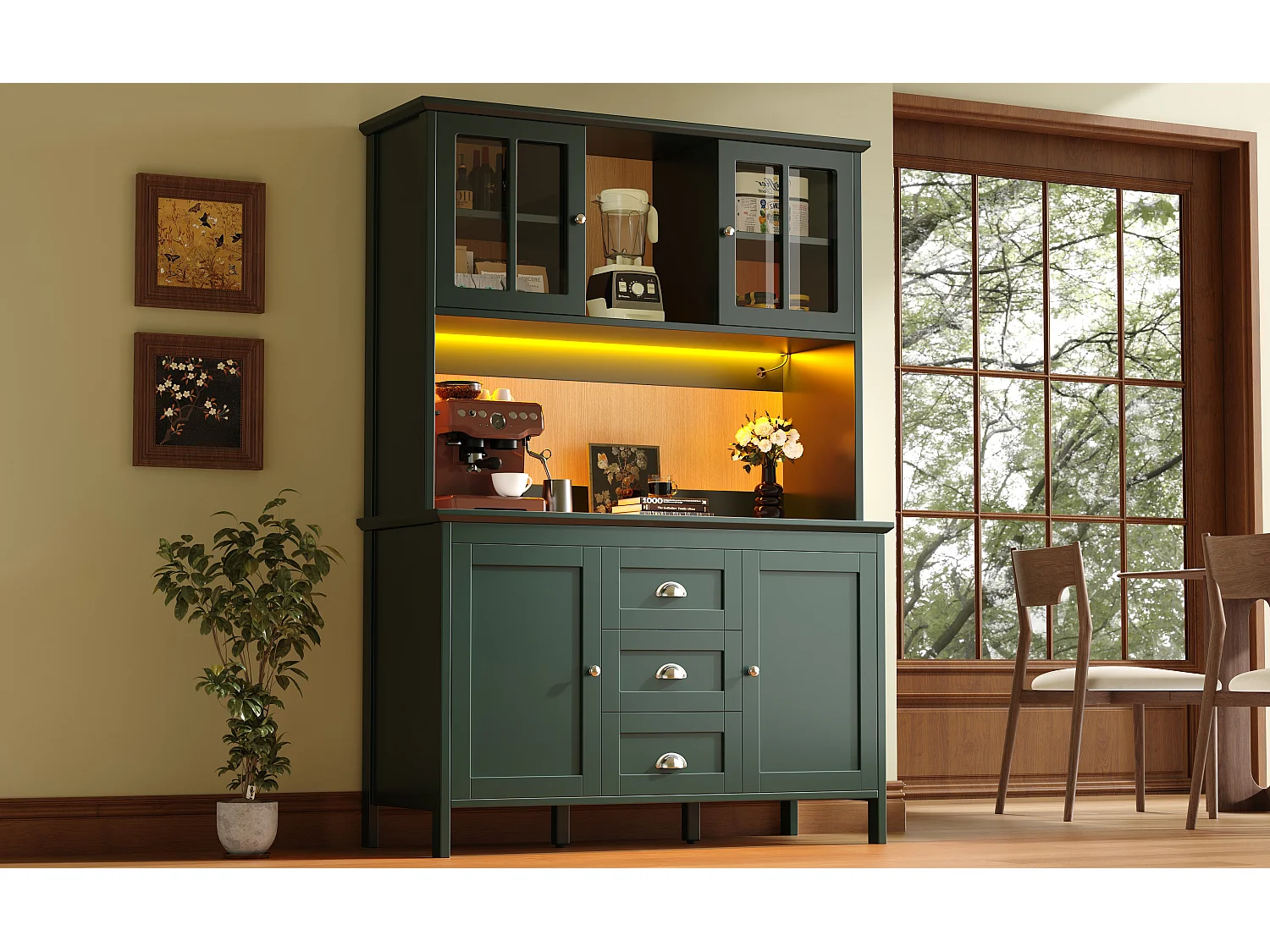 Kitchen sideboard with 2 glass doors, 2 wooden doors and 3 drawers - LEDs - 120 x 40 x 179 cm - MDF, particleboard - Retro green