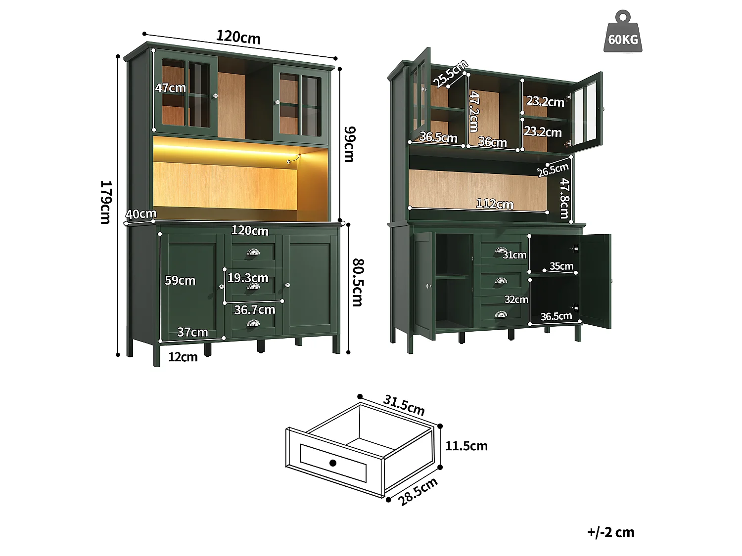 Kitchen sideboard with 2 glass doors, 2 wooden doors and 3 drawers - LEDs - 120 x 40 x 179 cm - MDF, particleboard - Retro green