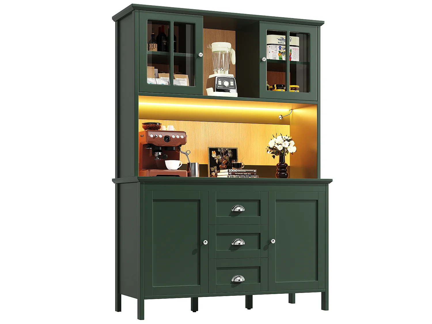 Kitchen sideboard with 2 glass doors, 2 wooden doors and 3 drawers - LEDs - 120 x 40 x 179 cm - MDF, particleboard - Retro green