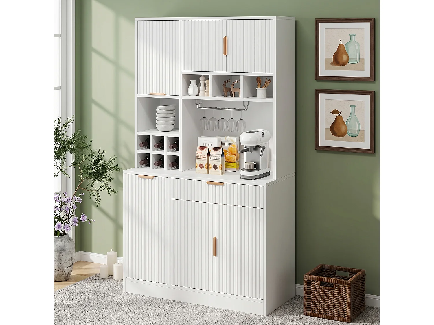 Buffet de cuisine avec porte-verres à vin, prises, ports USB, 6 portes et 1 tiroir - Panneaux de particules - 100x40x175 cm - Blanc
