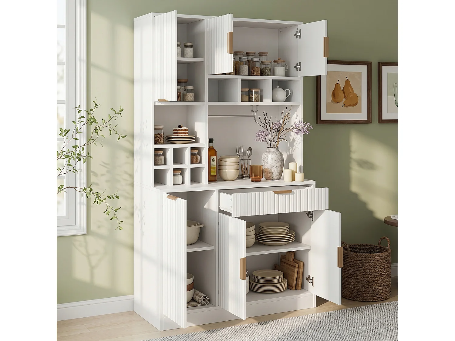 Buffet de cuisine avec porte-verres à vin, prises, ports USB, 6 portes et 1 tiroir - Panneaux de particules - 100x40x175 cm - Blanc