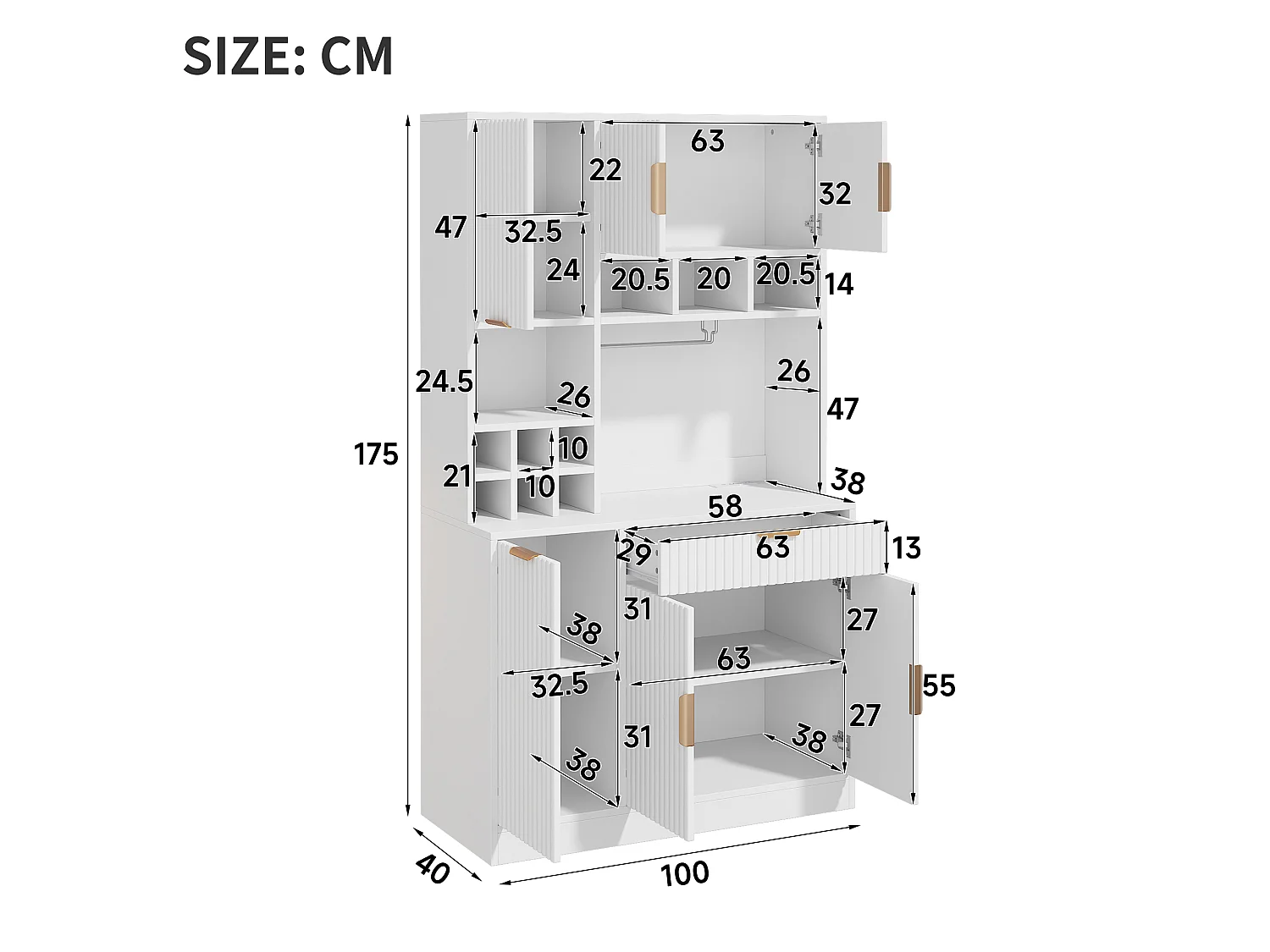 Buffet de cuisine avec porte-verres à vin, prises, ports USB, 6 portes et 1 tiroir - Panneaux de particules - 100x40x175 cm - Blanc