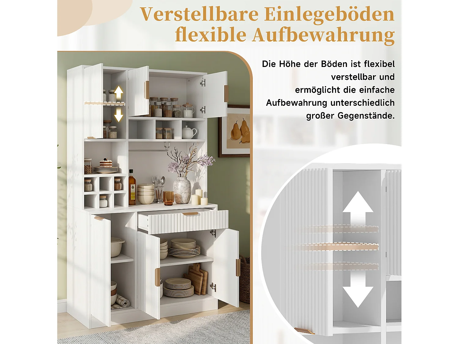 Buffet de cuisine avec porte-verres à vin, prises, ports USB, 6 portes et 1 tiroir - Panneaux de particules - 100x40x175 cm - Blanc